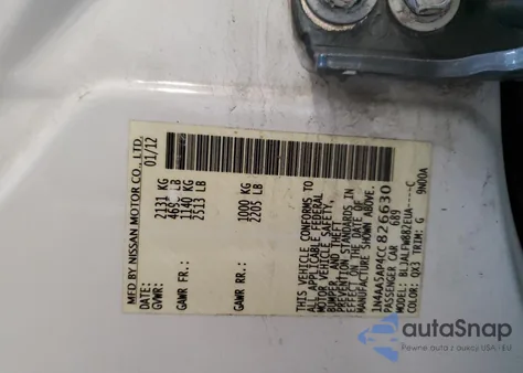 2012 Nissan Maxima S z USA, uszkodzony, nr VIN 1N4AA5AP4CC826630